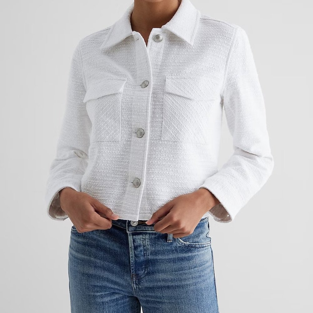 NWT Express Tweed Novelty Button Cropped Shacket